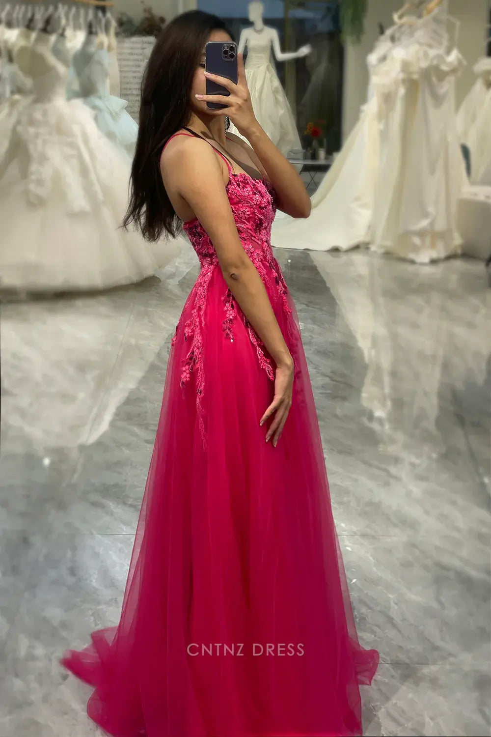 Wholesa A Line Spaghetti Appliques Straps Tulle Long Fuchsia formal dresses Bridesmaid Dresses evening gown Prom Dress