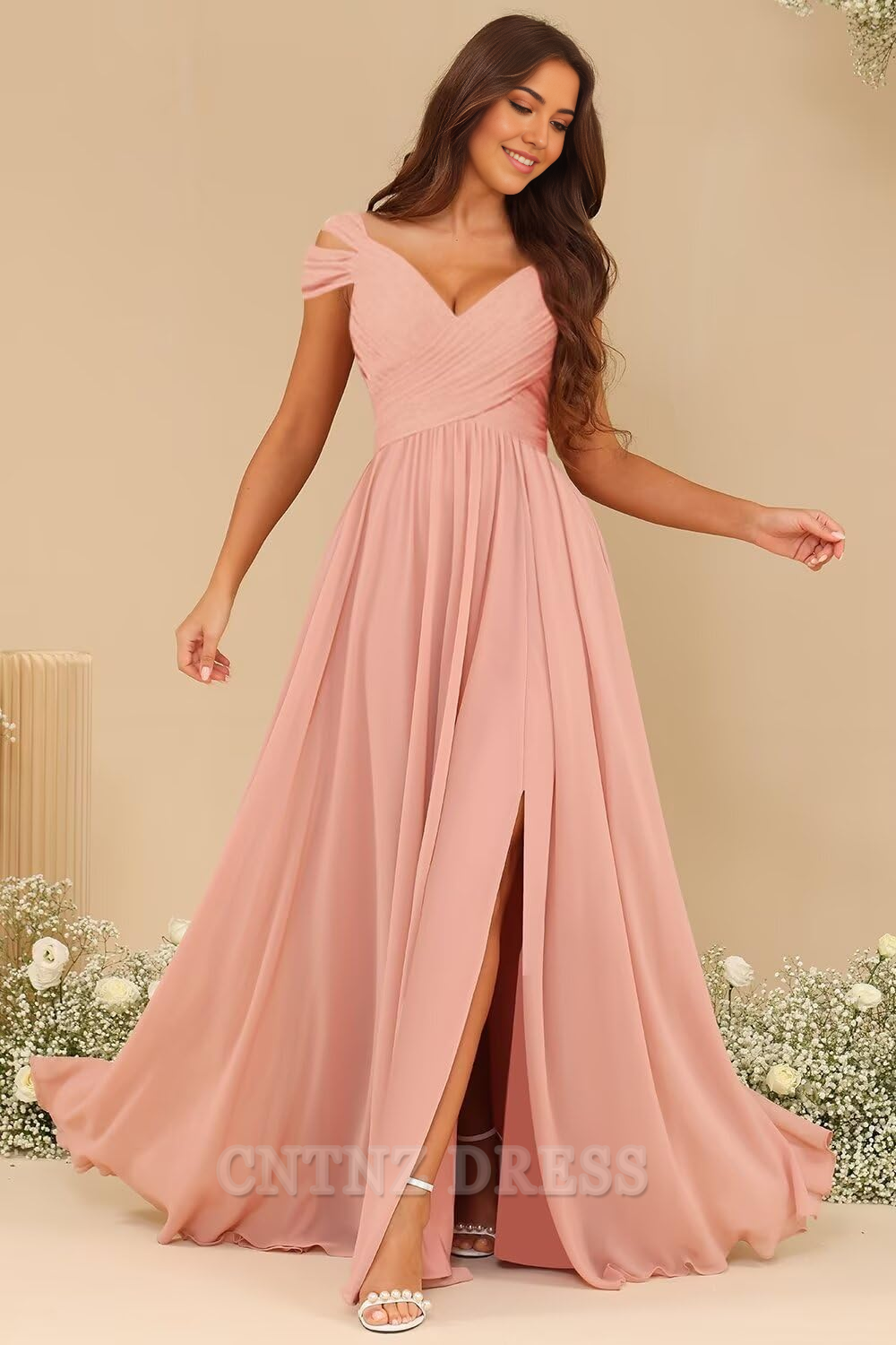 Wholesa A Line V Neck Pleated Black formal dresses evening gown Bridesmaid Dresses with Slit