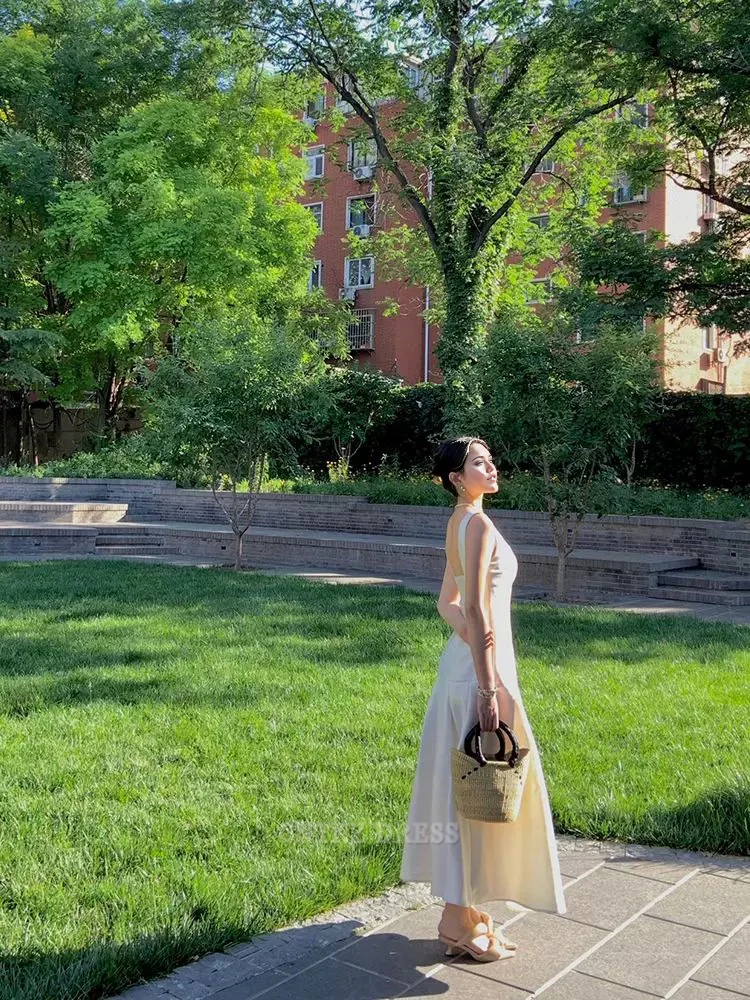Wholesa Mermaid Square Neckline Vintage White Sleeveless Satin formal dresses Bridesmaid Dresses evening gown Prom Dress