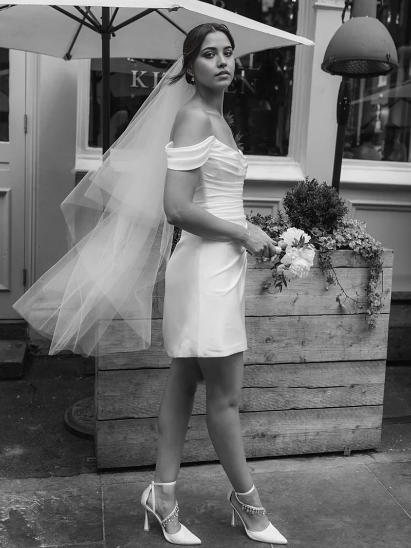 Wholesa Simple Off-the-Shoulder Short Satin Cowl Neck Formal Wedding Dress With Slit