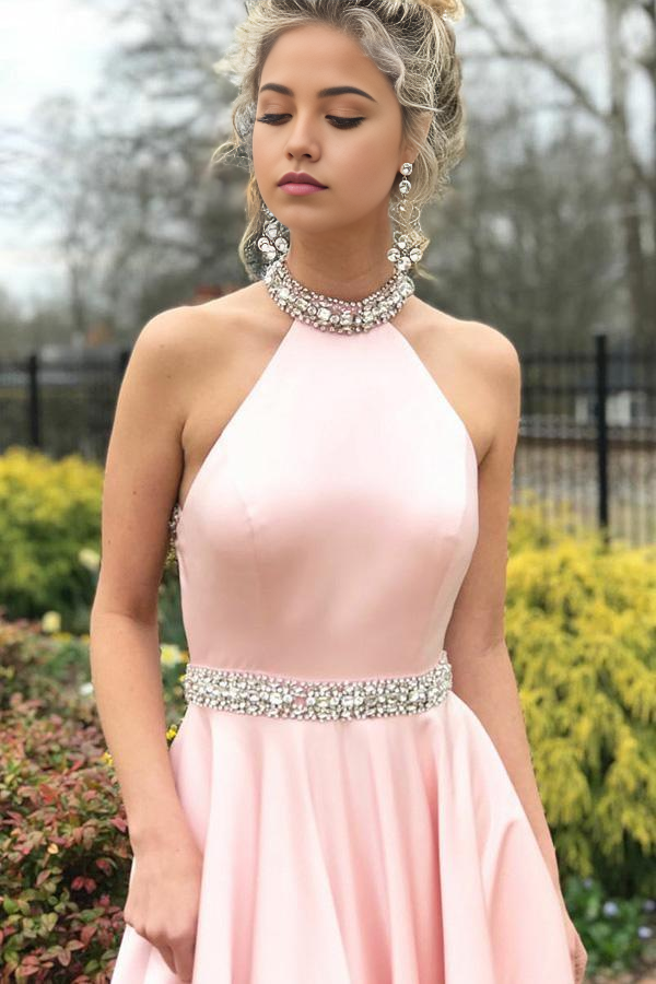 Wholesa A-Line Open Back Sleeveless Pink Satin Prom Dress with Beading