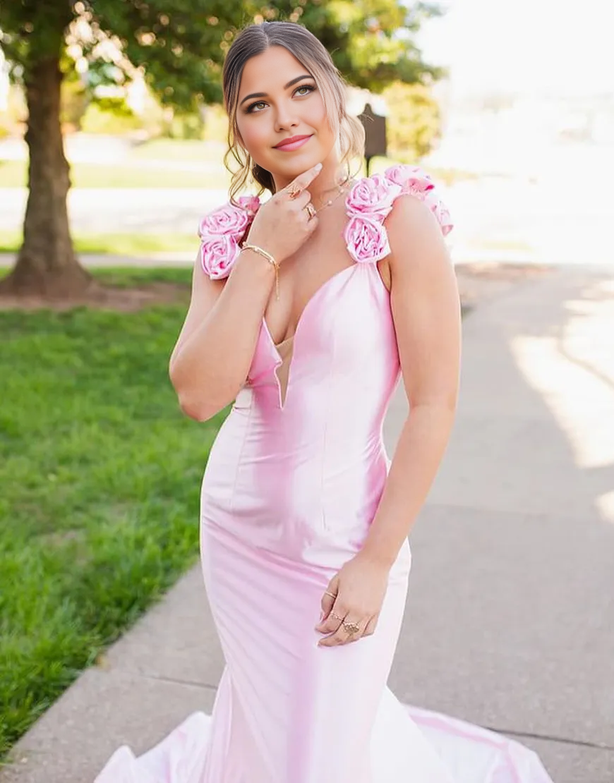 Wholesa Mermaid Flowers Shoulder Straps Satin Pink Long formal dresses evening gown Prom Dress