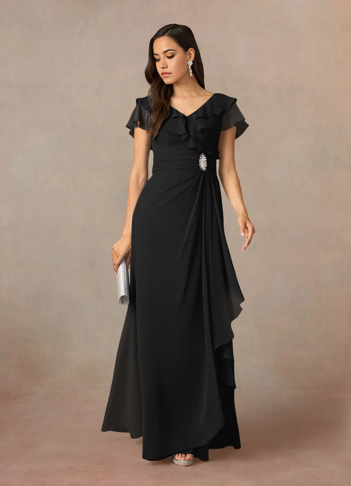 Wholesa A-Line V-Neck Ruched Chiffon Black Mother of the Bride Dresses