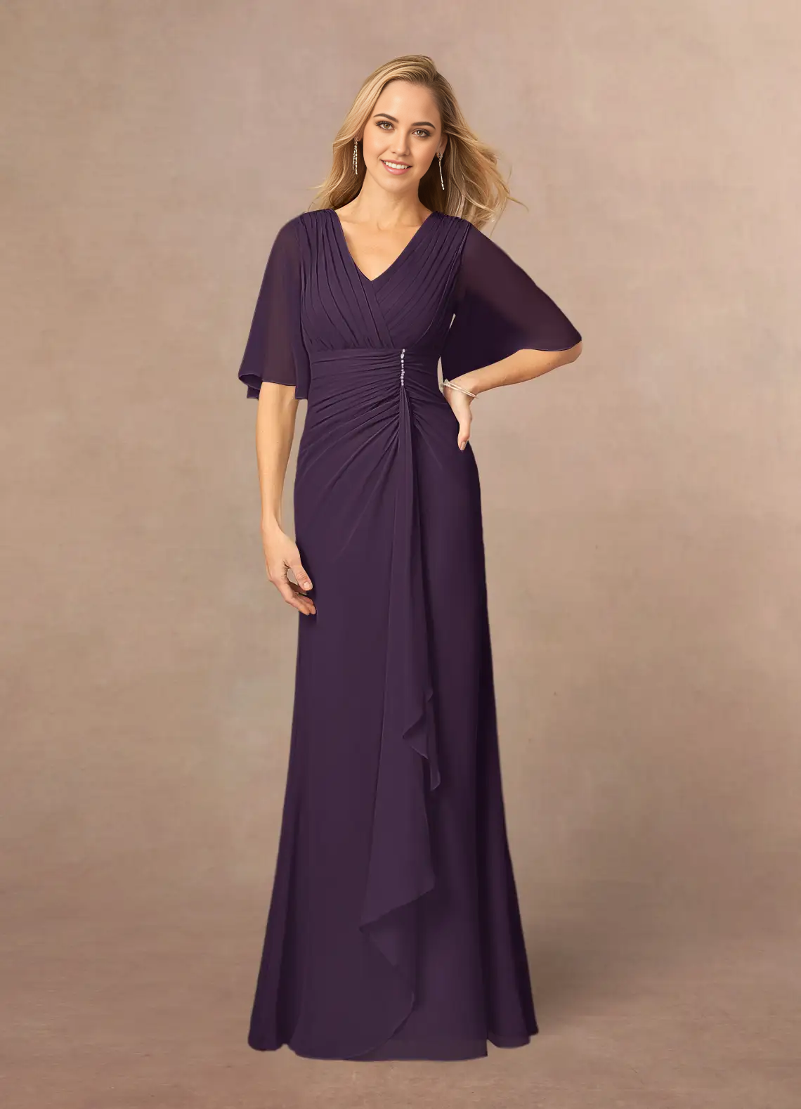 Wholesa A-Line V-Neck Lace Chiffon Appliques Plum Mother of the Bride Dresses