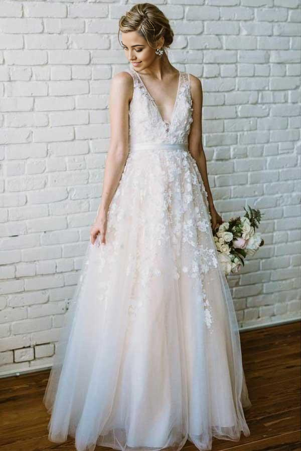 Wholesa Beach A-line V Neck Lace Applique Ivory Wedding Dresses