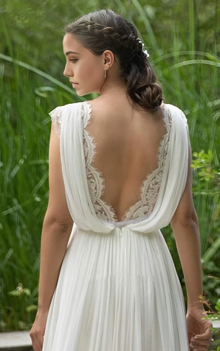Wholesa A-Line Neckline Chiffon Lace Wedding Dress With Open Back And Pleats