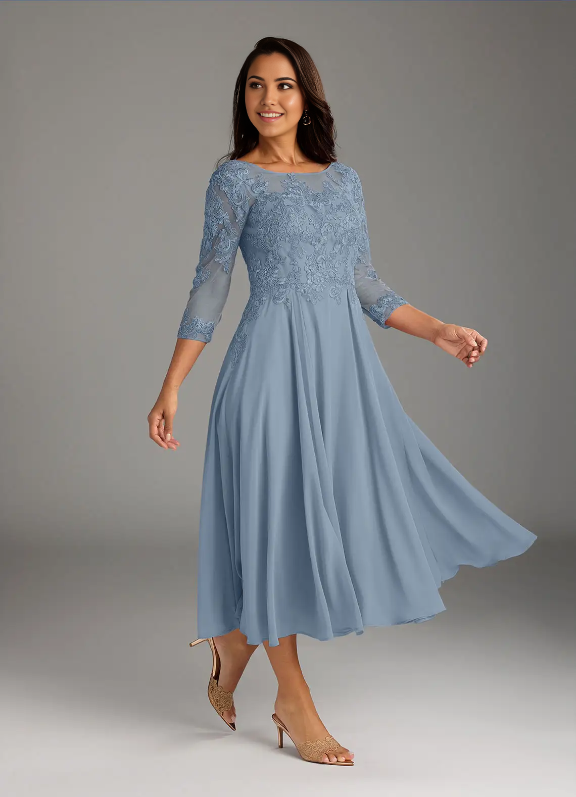 Wholesa A-Line Scoop Lace Chiffon Dusty Blue Mother of the Bride Dresses