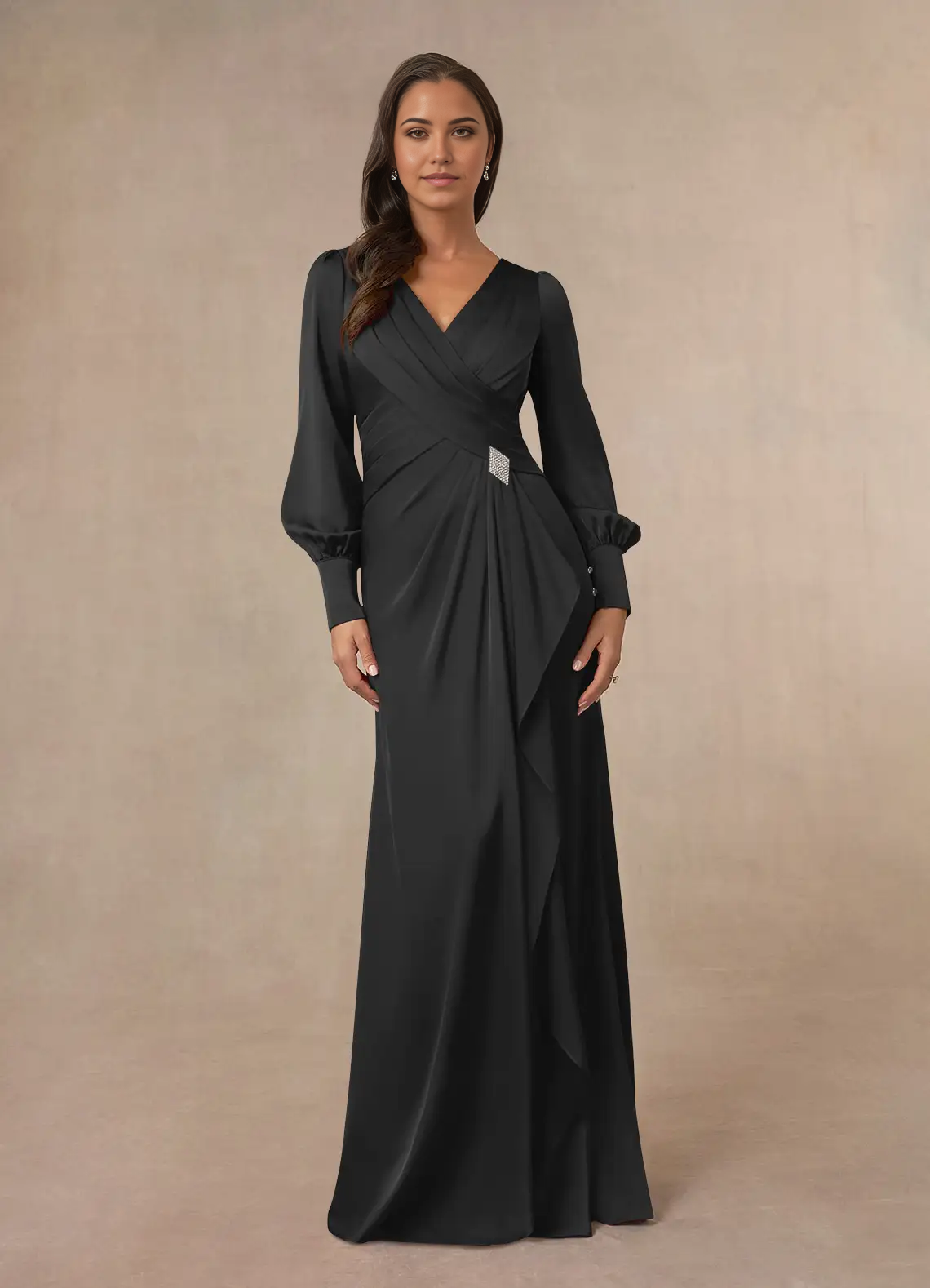 Wholesa Mermaid V-Neck Pleated Long Sleeve Black formal dresses evening dress Mother of the Bride Dresses