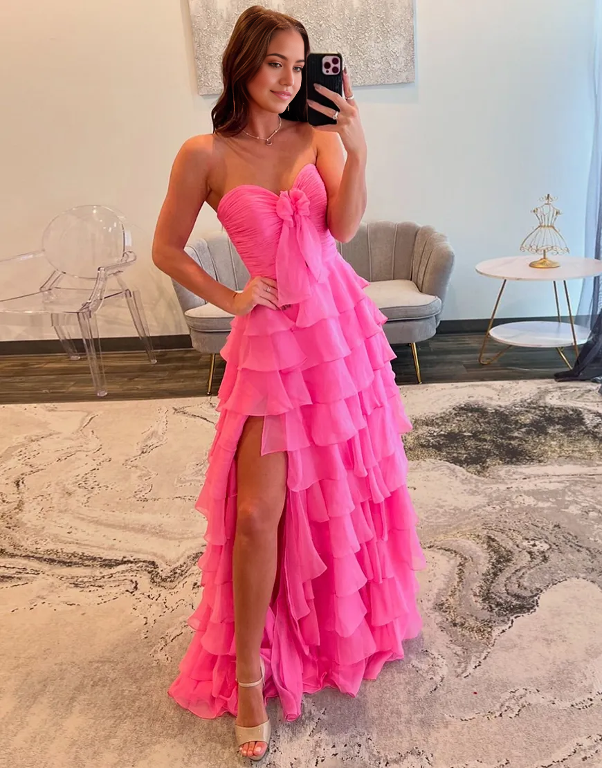 Wholesa A-Line Strapless Ruffles Bow Chiffon formal dresses evening gown Long Prom Dress with Slit
