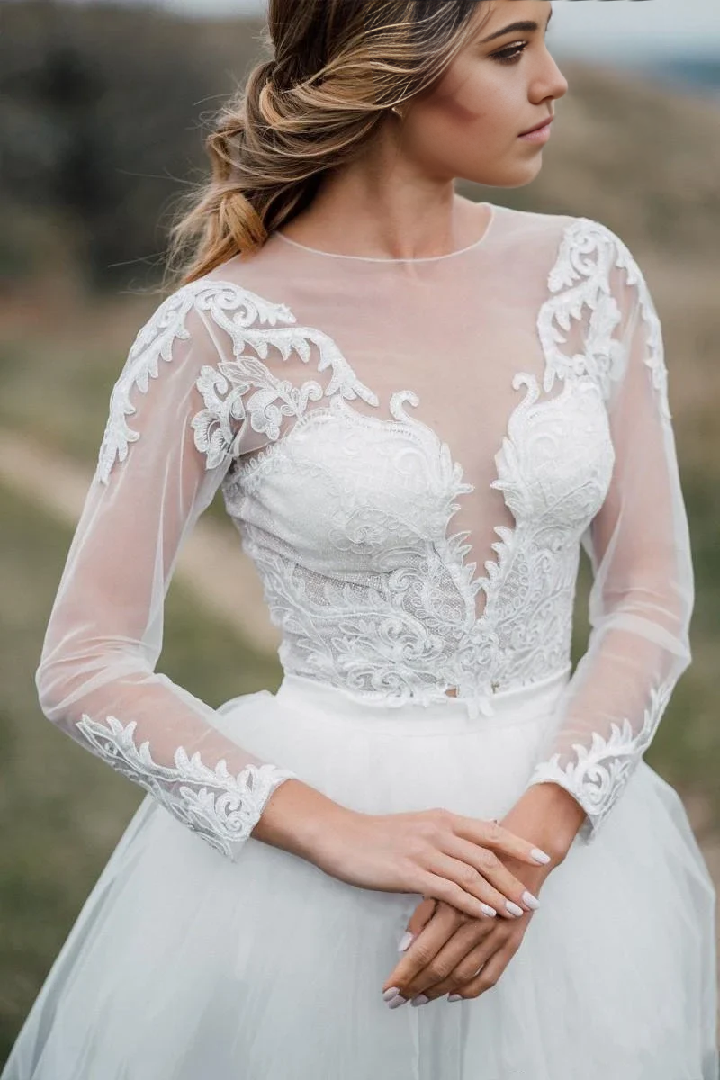 Wholesa Two Piece Bohemian Illusion Sleeves Lace Court Train Wedding Dress