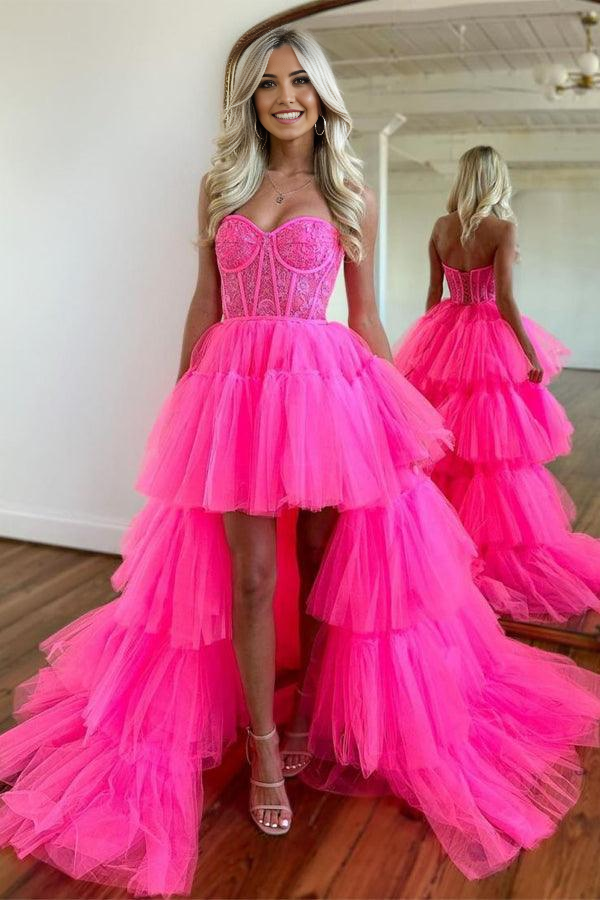 Wholesa Sweetheart Hot Pink High Low Tiered Prom Dress Evening Dress