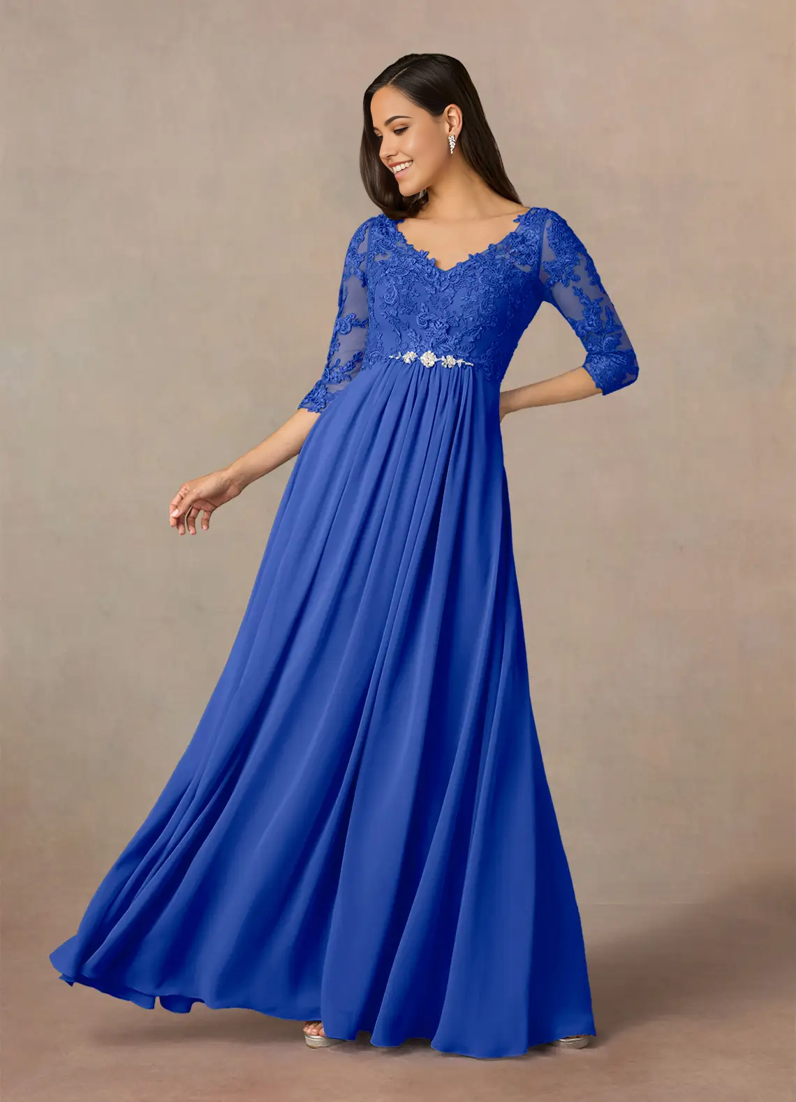 Wholesa A-Line V-Neck Lace Chiffon Royal Blue Mother of the Bride Dresses