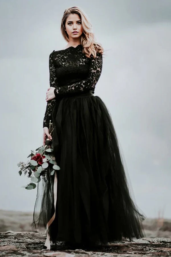 Wholesa Boho A-Line Lace Appliqued Black Bridal Gown Wedding Dress