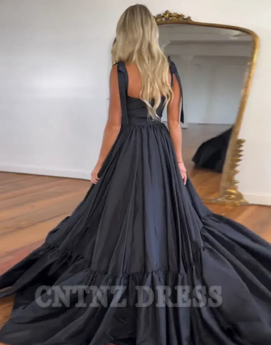 Wholesa A-Line Sweet Princess Tie Straps Satin Black Long formal dresses evening gown Prom Dress