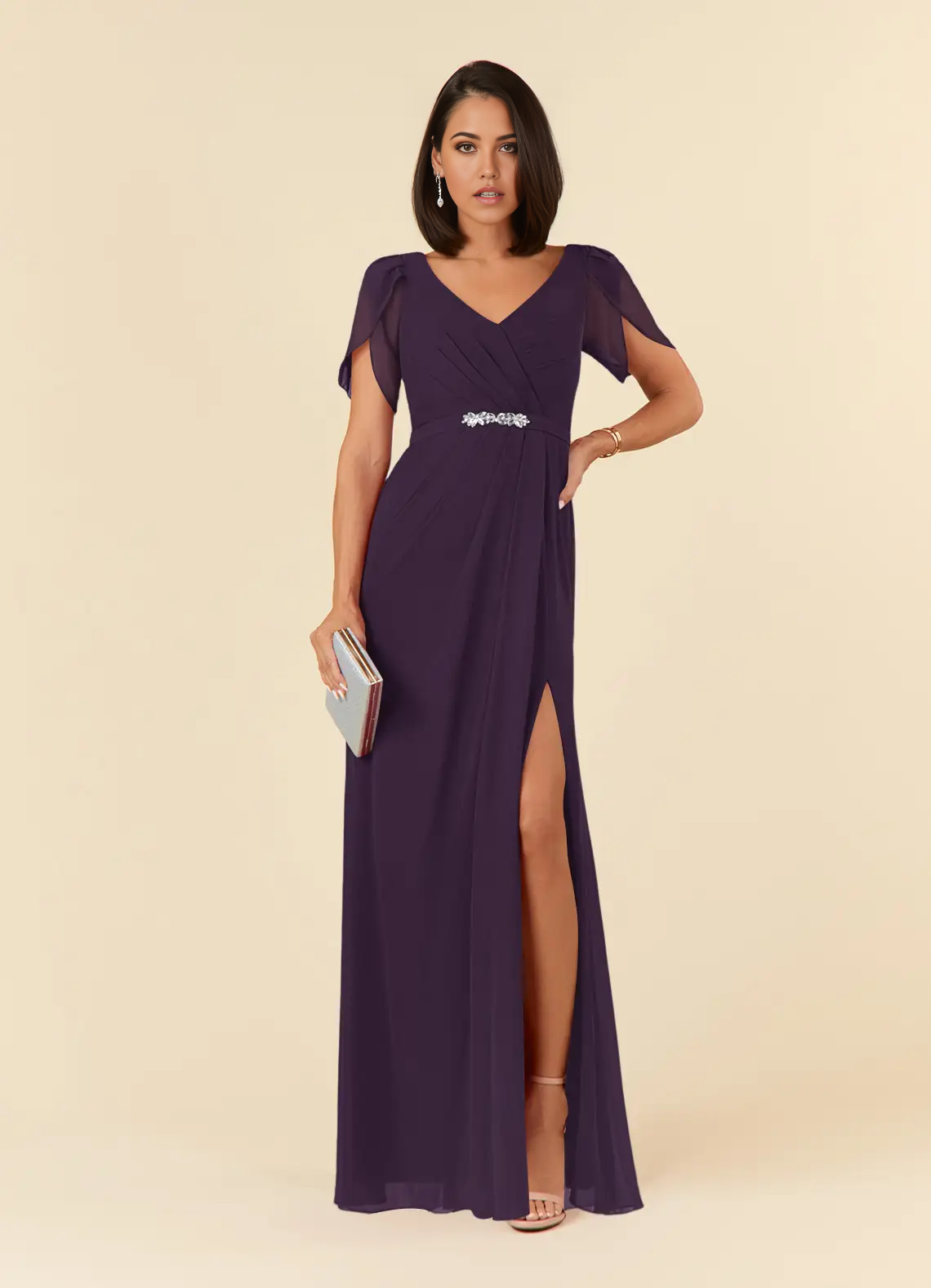 Wholesa Sheath V-Neck Pleated Chiffon Plum Mother of the Bride Dresses