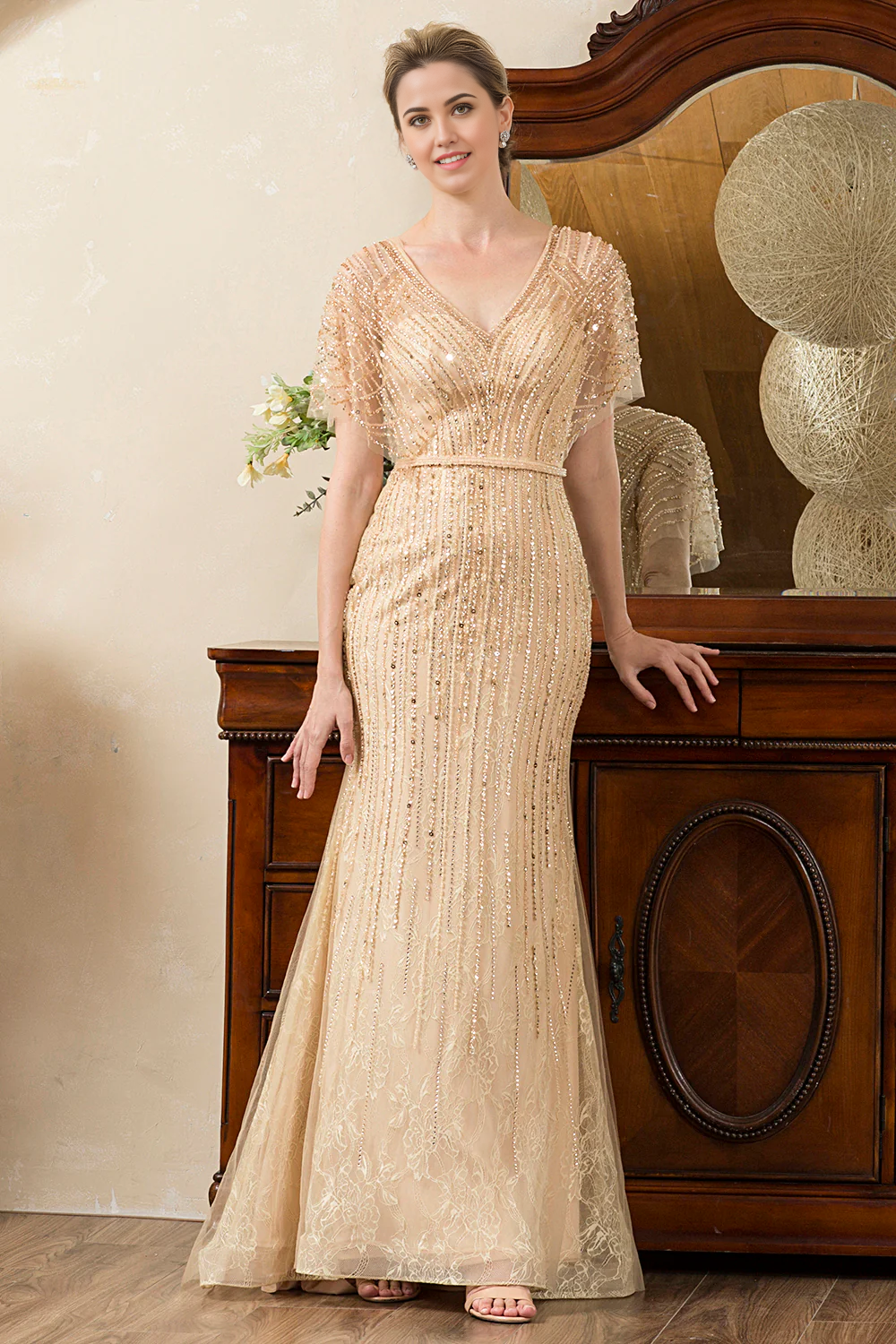 Wholesa Mermaid Beading V-neck Glitter Mother of Bride Dress