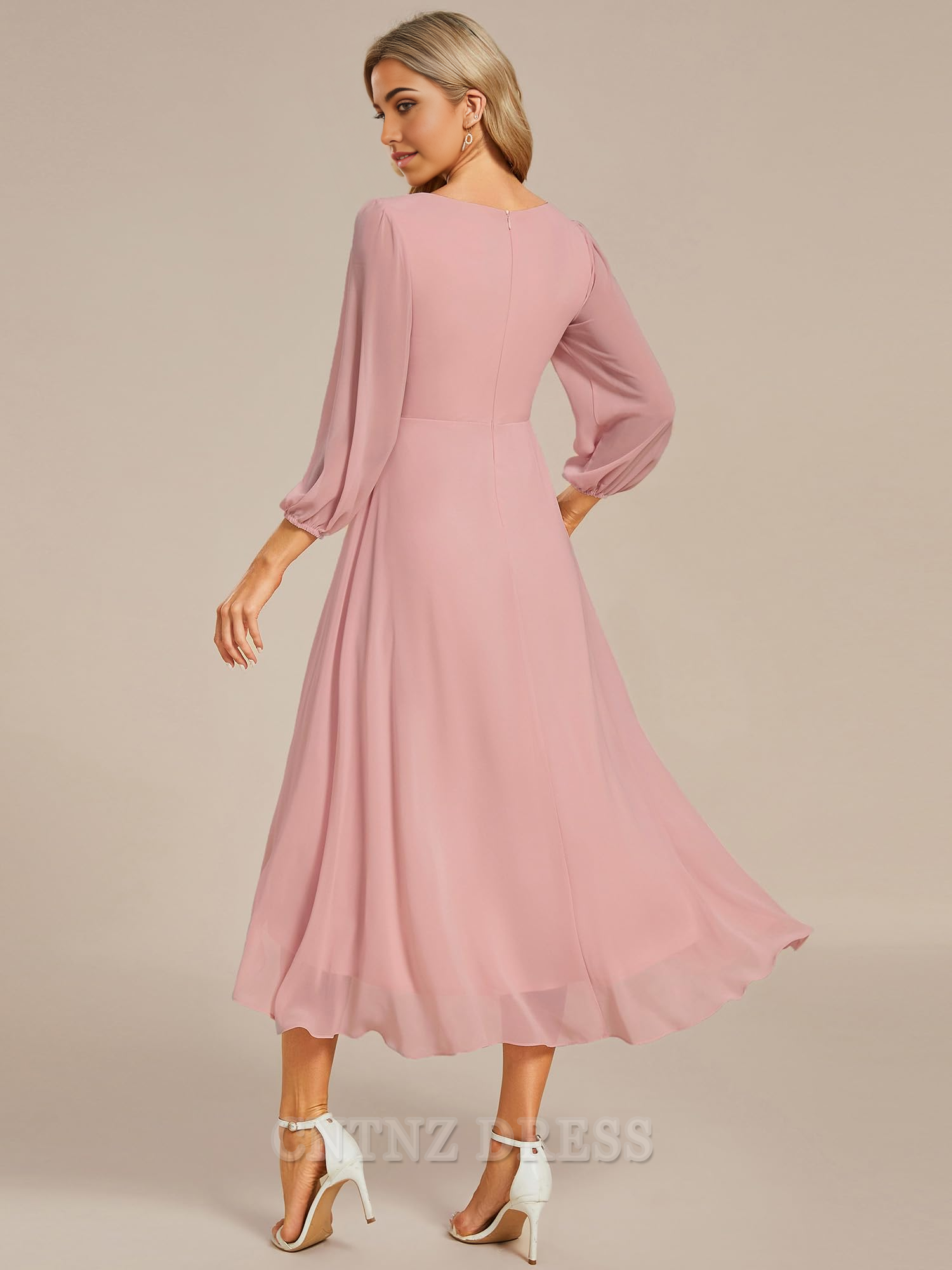 Wholesa A-Line V Neck Chiffon Pleated Long Sleeves Midi Length formal dresses Bridesmaid Dresses evening gown Prom Dress
