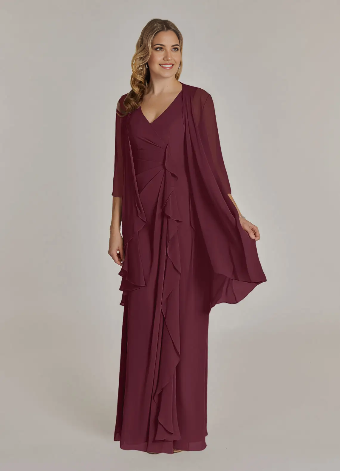 Wholesa A-Line V-Neck Pleated Chiffon Cabernet Mother of the Bride Dresses