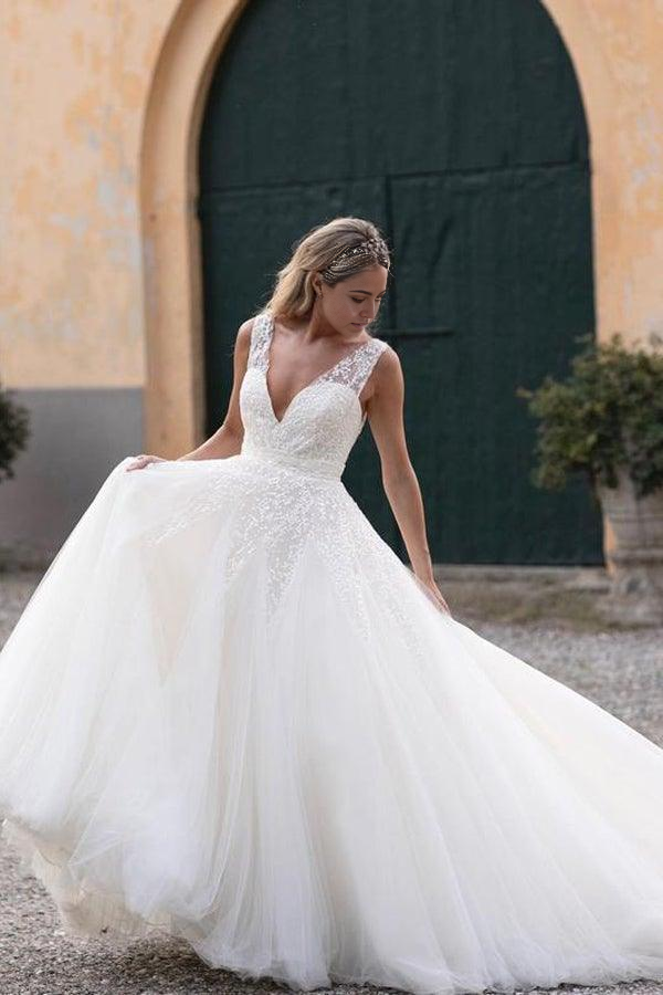 Wholesa A-line V-neck Sequins Lace Neckline Chapel Train Wedding Dresses