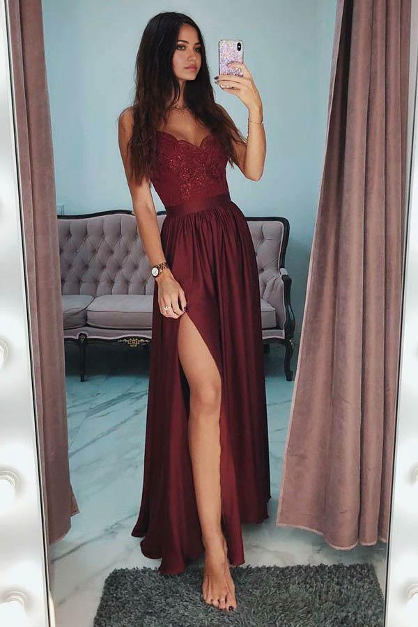 Wholesa A-Line Spaghetti Straps Lace Sequins Long Gray Prom Party Dress