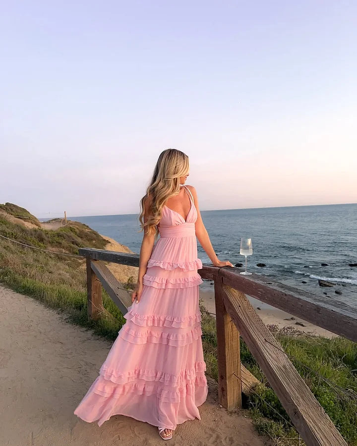 A Line Deep V-Neck Spaghetti Strap Sleeveless With Layered Ruffles Fashion Evening Gowns Cute Long Prom Dress