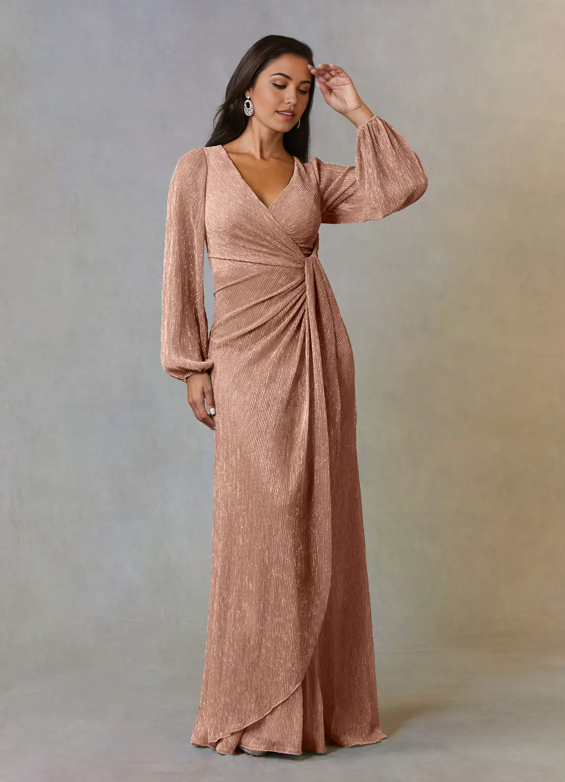 Wholesa A-Line V-Neck Long Sleeve Ruched Rose Gold Mother of the Bride Dresses