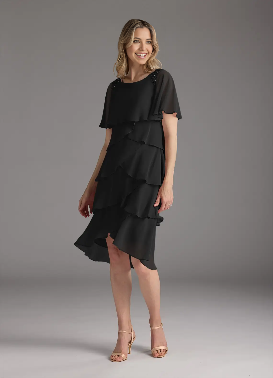 Wholesa A-Line Scoop Beaded Chiffon Black Tea Length formal dresses evening dress Mother of the Bride Dresses