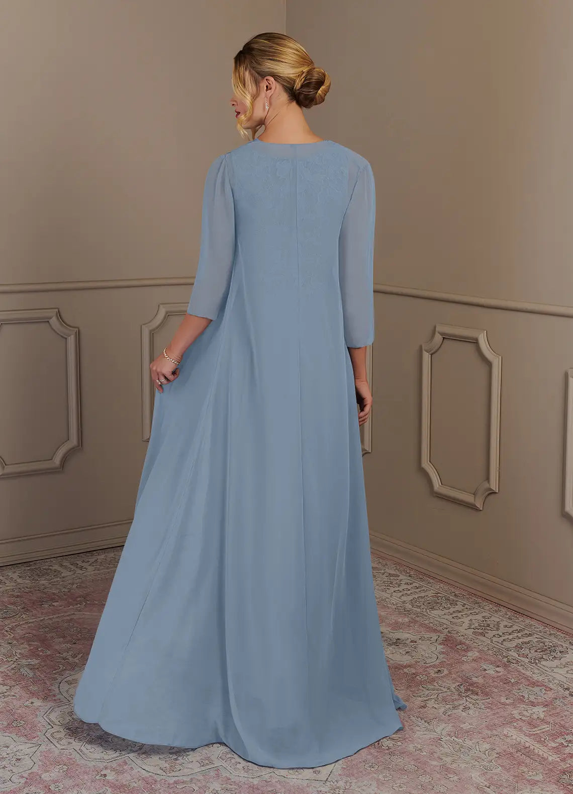 Wholesa Two Piece  A-Line Scoop lace Chiffon Dusty Blue formal dresses evening dress Mother of the Bride Dresses