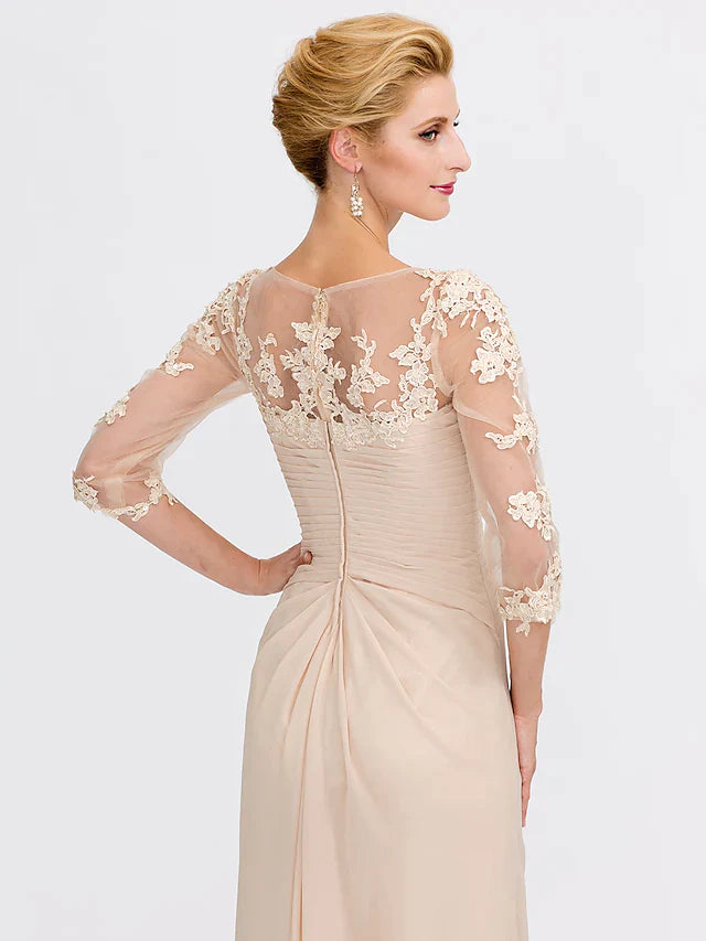 Wholesa Mother of the Bride Dress Elegant See Through V Neck Floor Length Chiffon Sheer Lace Half Sleeve with Appliques Side Draping