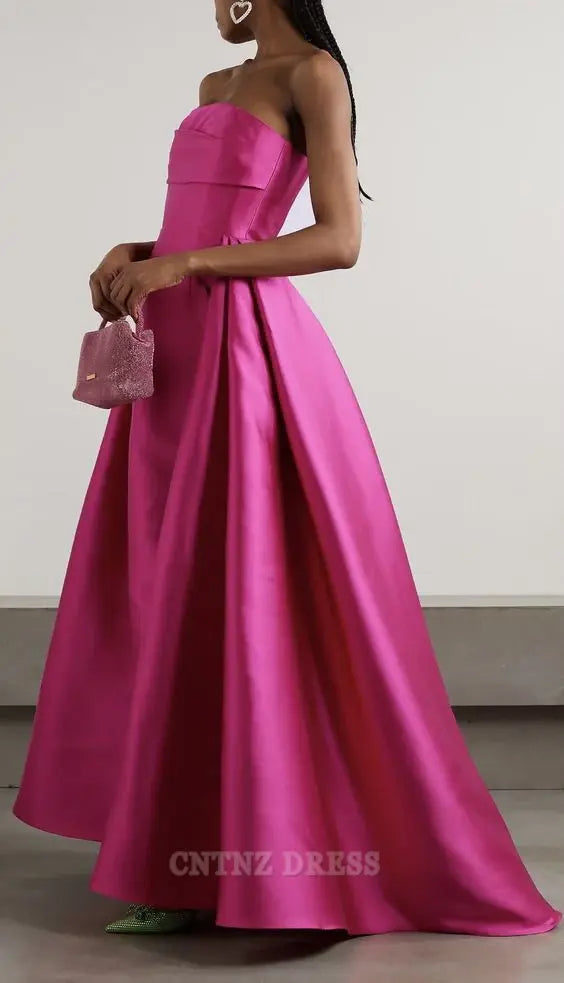 Wholesa A Line Strapless Hot Pink Satin Long Ruffles formal dresses Bridesmaid Dresses evening gown Prom Dress