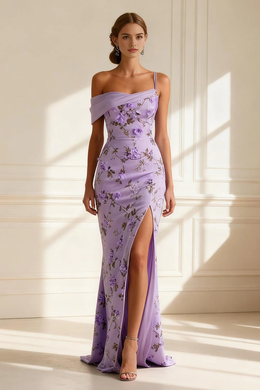 Romantic Formal Women's Dresses Purple Mermaid Spaghetti Straps Sleeveless 3D Floral Backless with Slit Discount Long Prom Dress