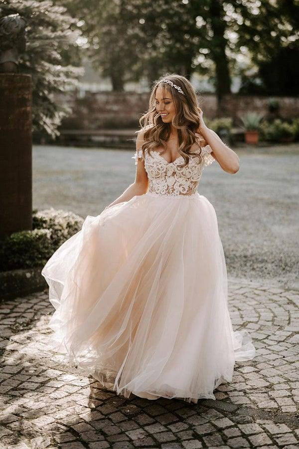 Wholesa Boho A-line Champagne Off The Shoulder Wedding Dress Bridal Gown