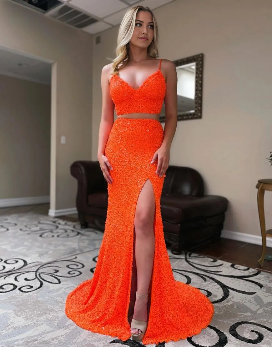 Wholesa Two Pieces Mermaid Spaghetti Straps Corset Back Long Sequin formal dresses evening gown Prom Dress