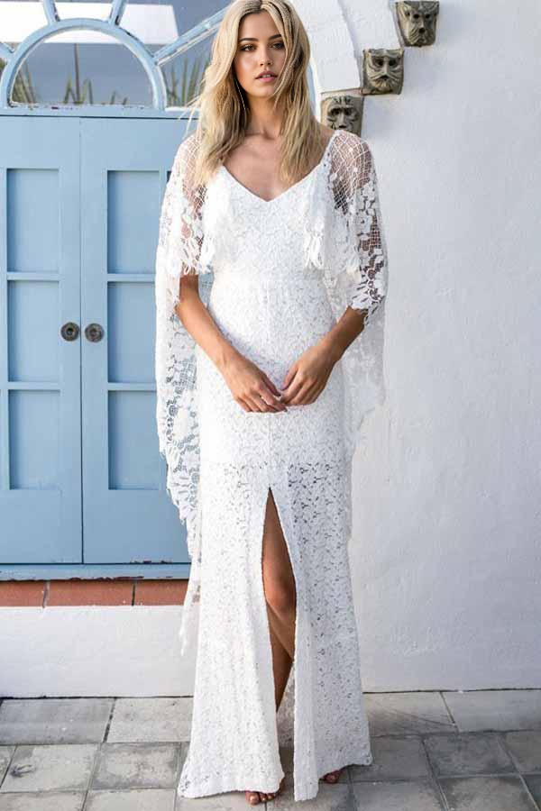 Wholesa Sheath Scoop Backless Lace Wedding Dress with Split Wraps
