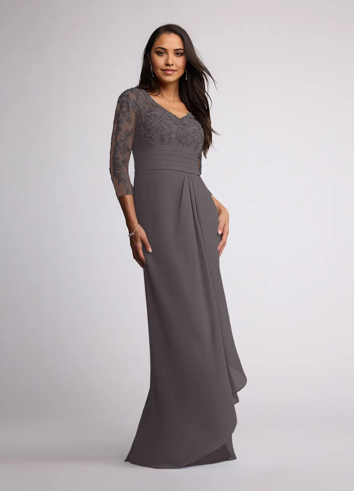 Wholesa Sheath V-Neck Lace Chiffon Steel Grey formal dresses evening dress Mother of the Bride Dresses