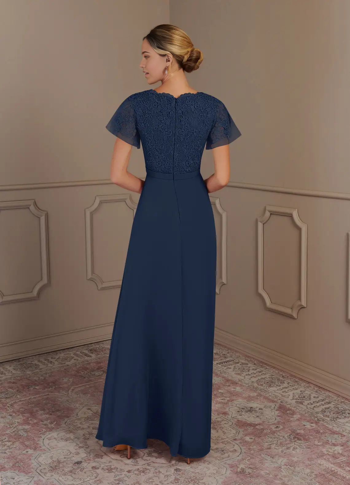 Wholesa A-Line V-Neck Lace Chiffon Dark Navy Mother of the Bride Dresses