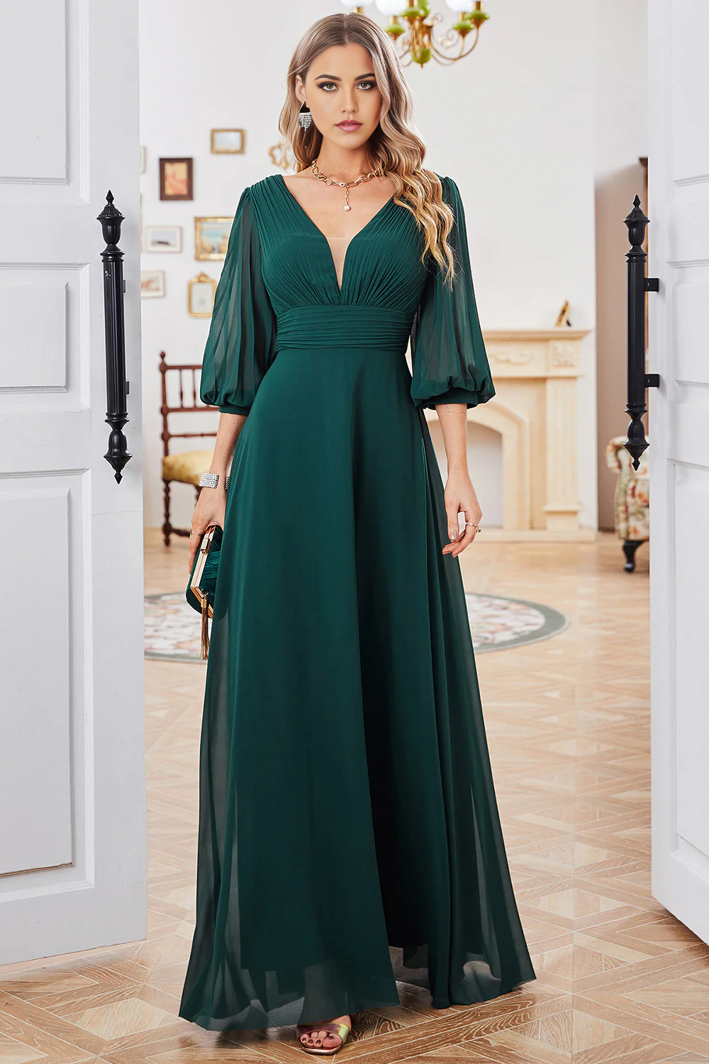 Wholesa A-line Long Sleeves V-neck Mother of Bride Dress