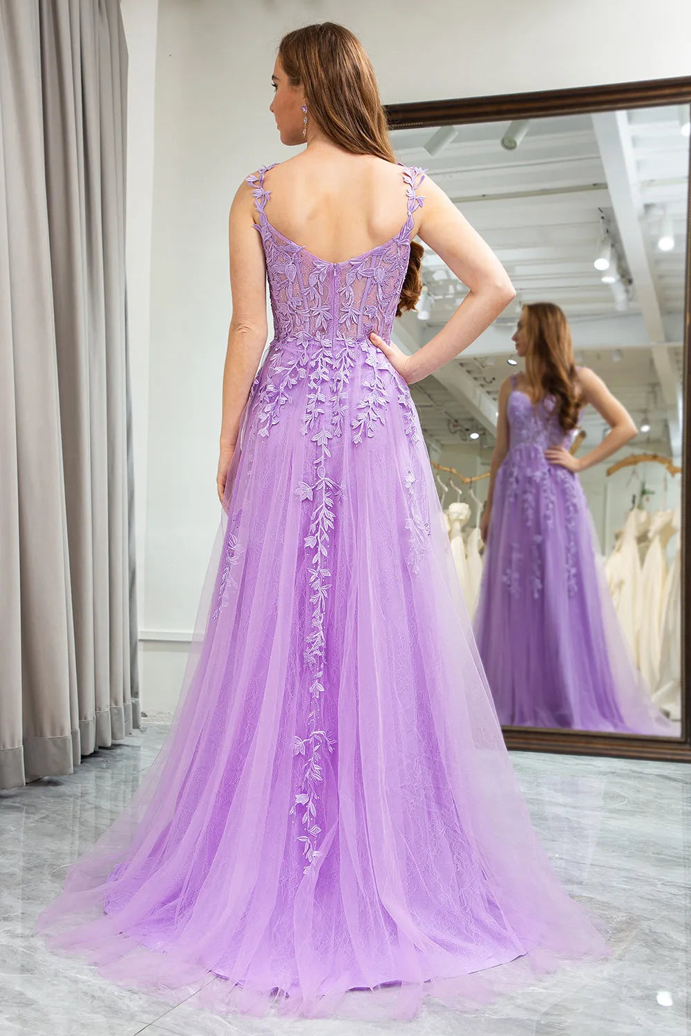Wholesa A-Line Spaghetti Straps Appliqued Lilac Long Tulle formal dress evening gown Prom Dress With Slit