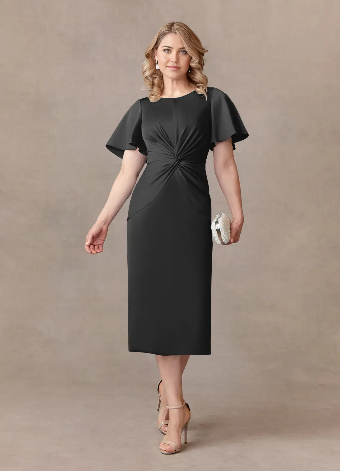 Wholesa Sheath Crew Neck Pleated Tea Length Satin Black formal dresses evening dress Mother of the Bride Dresses