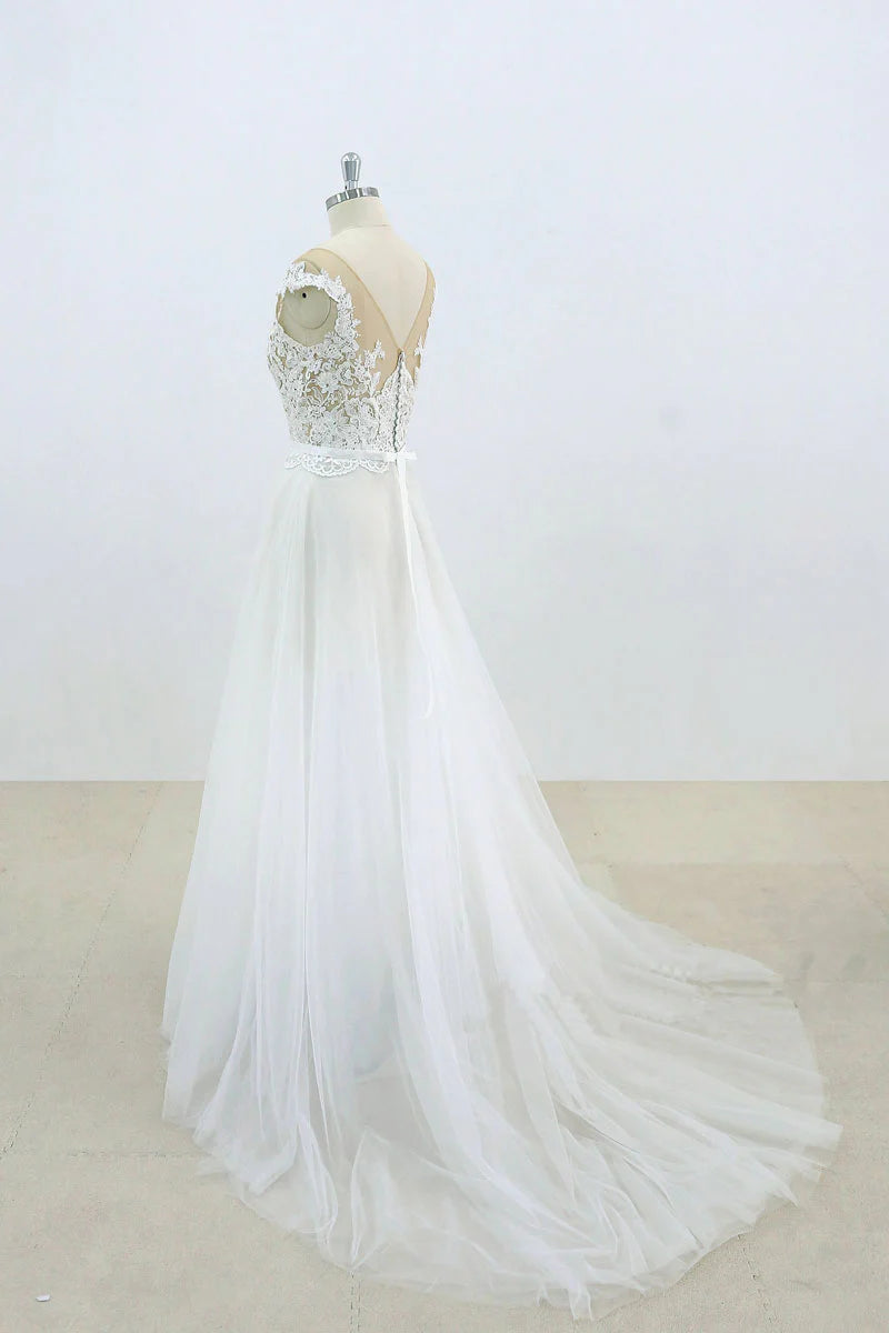 Wholesa Round Neck Lace Tulle Long Wedding Dresses