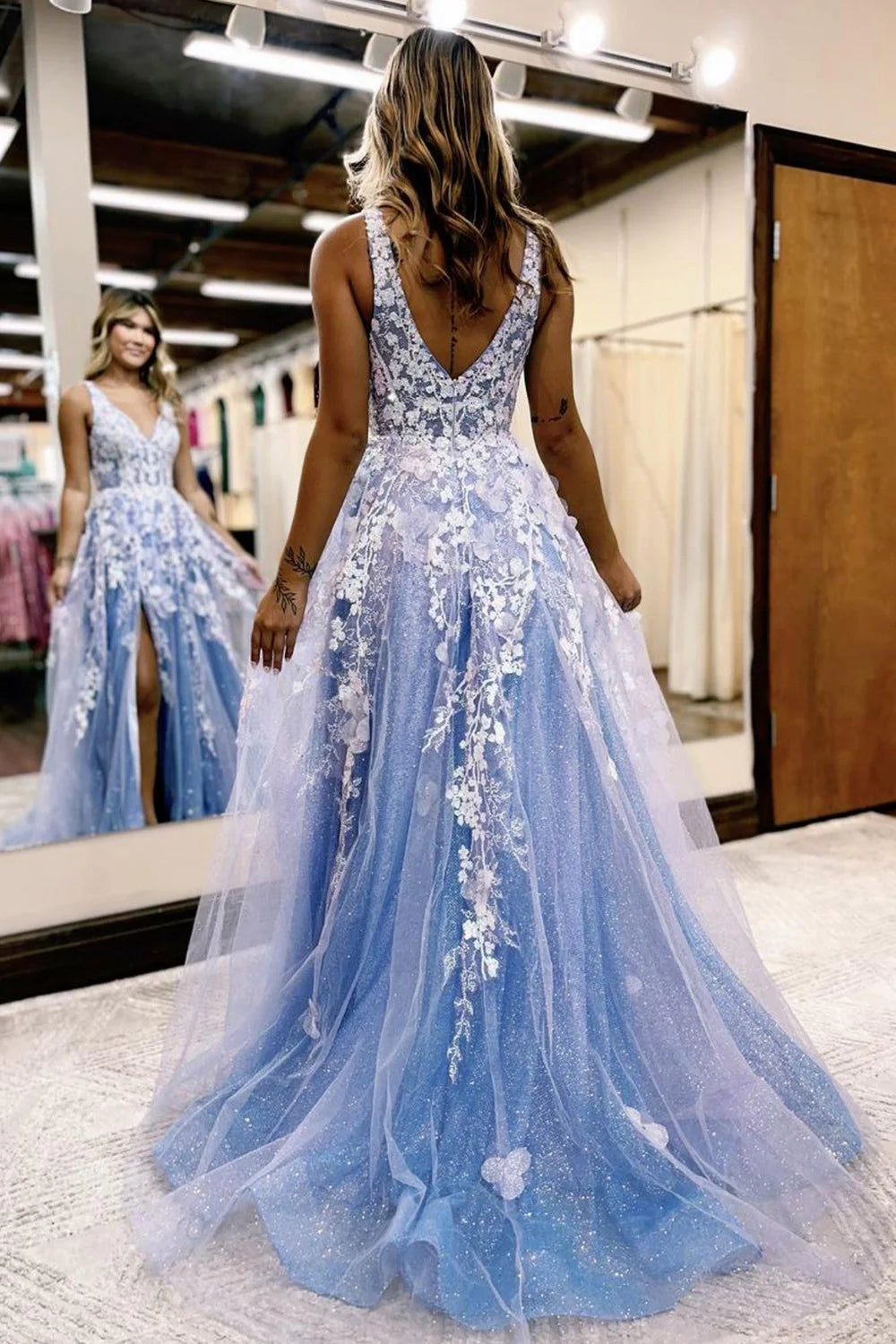 Wholesa A-Line Glitter Lace Long Prom Dress with Flowers and Pockets