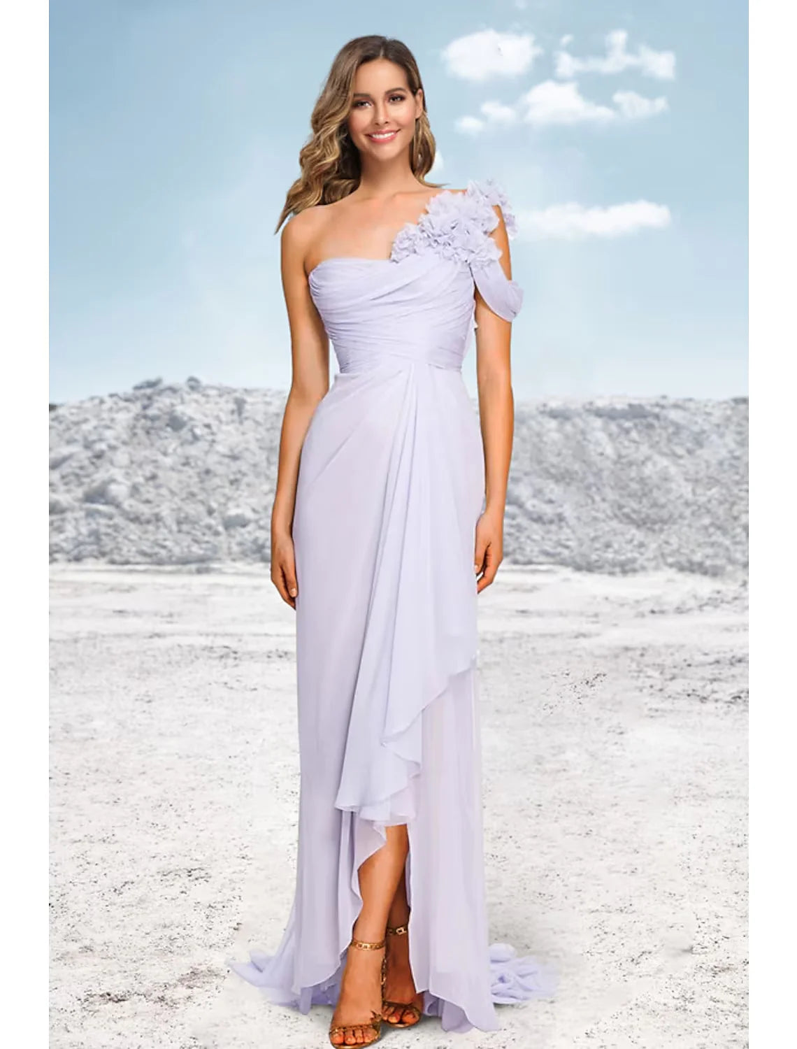 Wholesa A-Line Evening Gown Floral Dress Formal Asymmetrical Sleeveless One Shoulder Chiffon with Ruched Ruffles