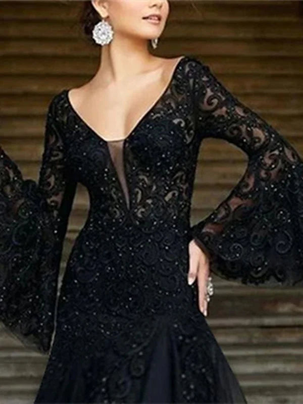 Wholesa A-Line V-Neck Long Sleeves Floor-Length Evening Dresses
