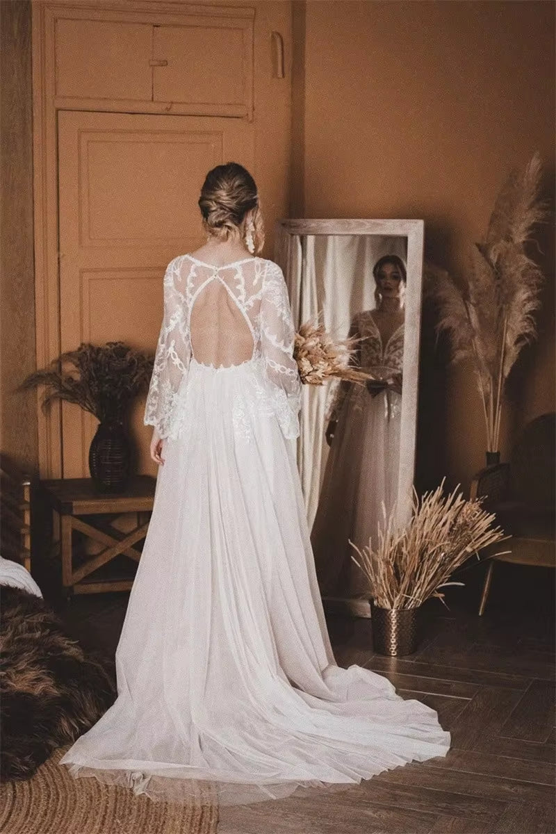 Wholesa A-Line Top Flare Sleeves Lace Open Back Wedding Dress
