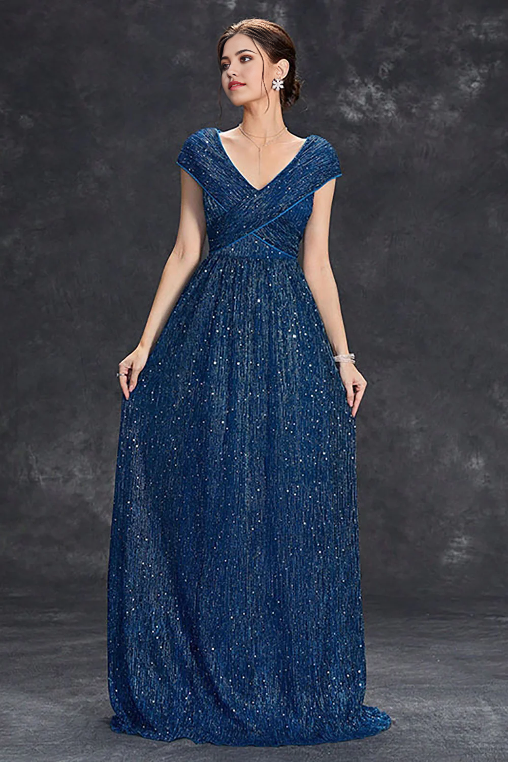 Wholesa A-Line V-Neck Sparkly Long Formal Dress