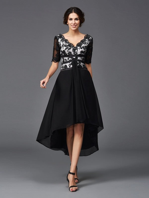 Wholesa  A-Line/Princess V-neck Lace 1/2 Sleeves High Low Chiffon Dresses