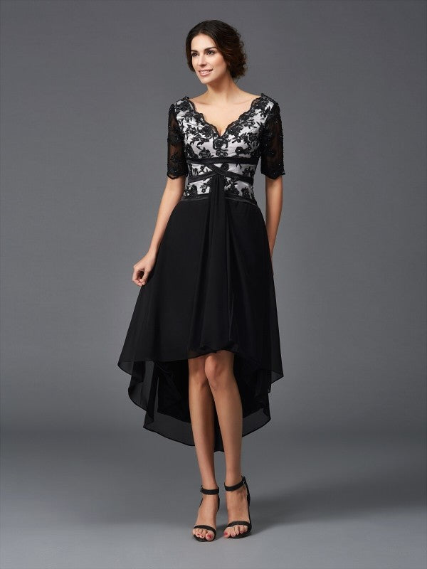 Wholesa  A-Line/Princess V-neck Lace 1/2 Sleeves High Low Chiffon Dresses