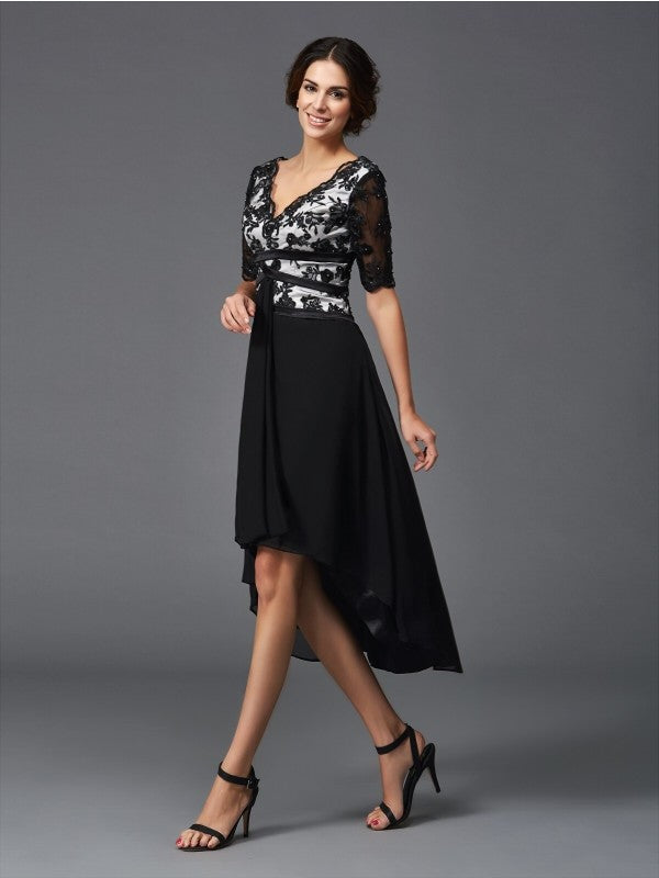 Wholesa  A-Line/Princess V-neck Lace 1/2 Sleeves High Low Chiffon Dresses