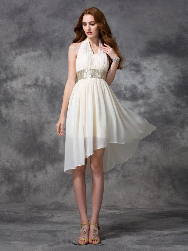 Wholesa  A-line/Princess Halter Sequin Sleeveless High Low Chiffon Cocktail Dresses