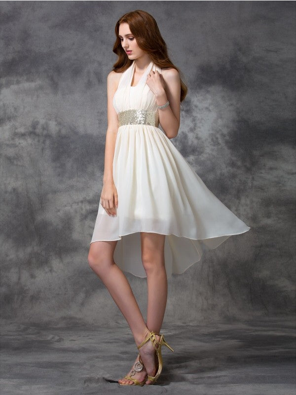 Wholesa  A-line/Princess Halter Sequin Sleeveless High Low Chiffon Cocktail Dresses